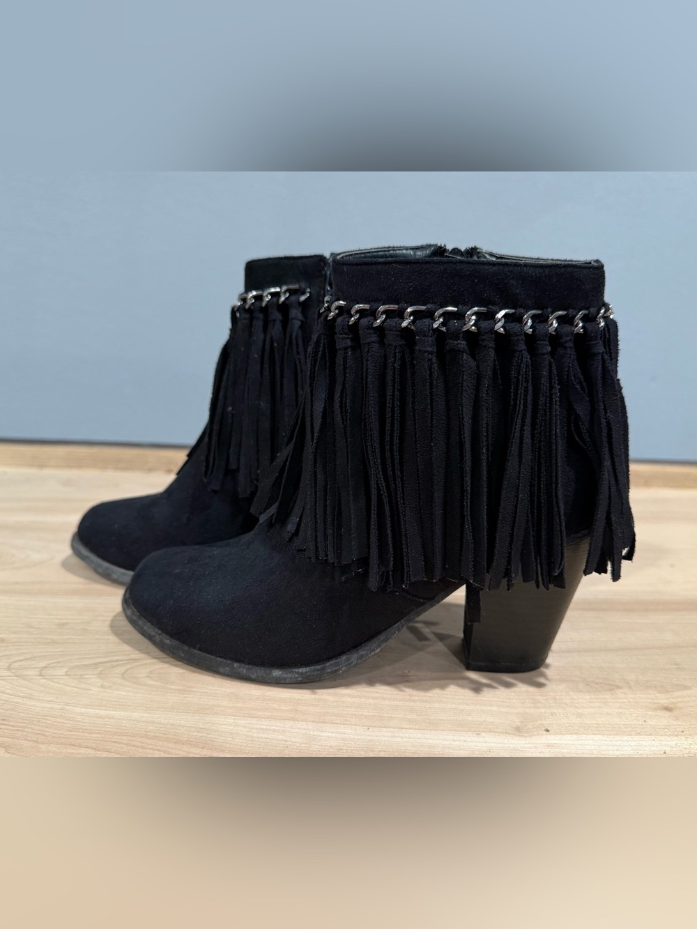 Pierre Dumas Black Fringe Ankle Booties with Chain Detail